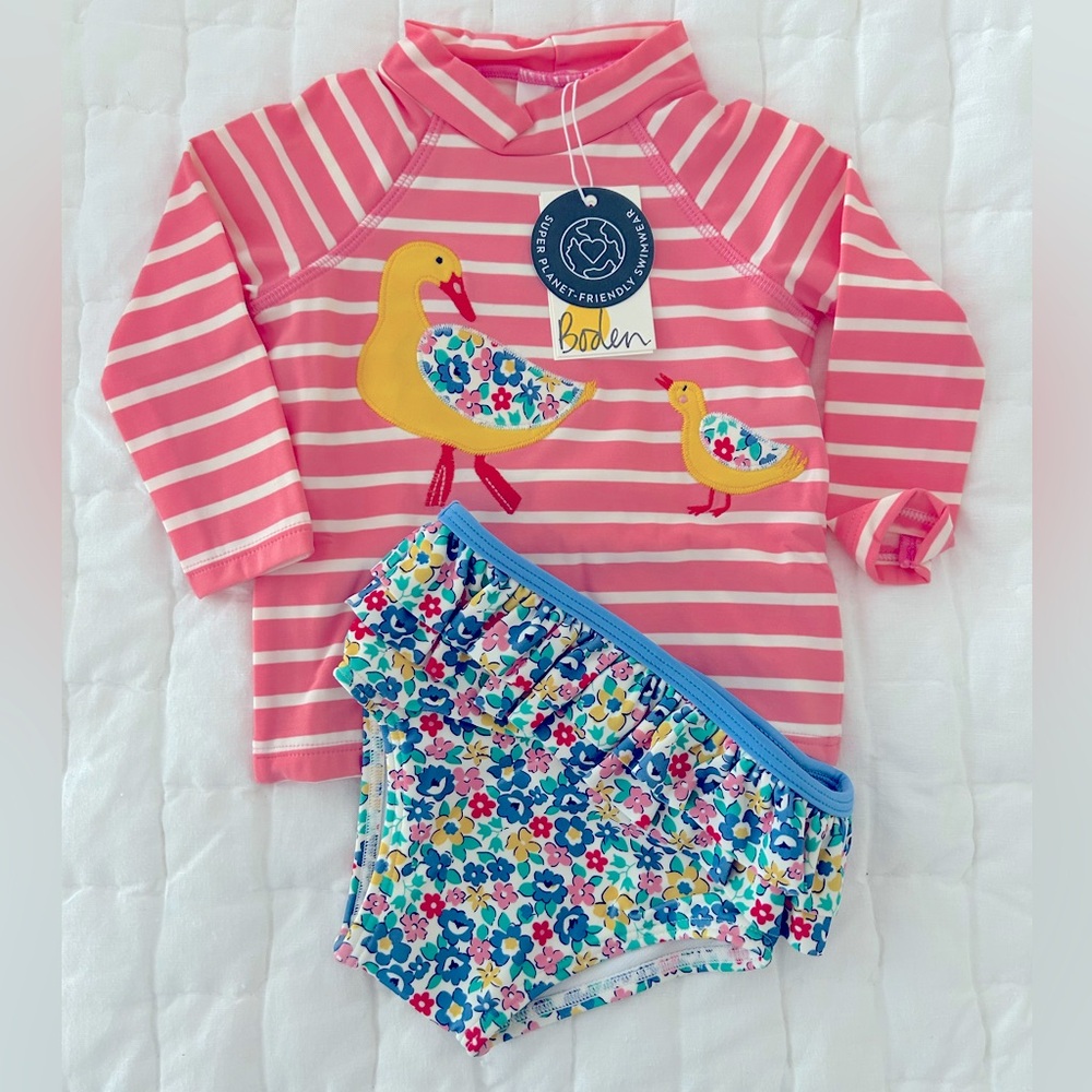 NIB Baby Boden duck appliqué rash guard swim suit; 6-9 months